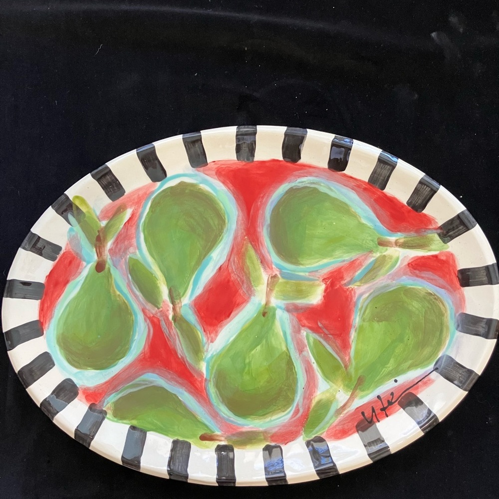 Handmade Ceramic Serving Tray Green Pears On Scarlet Original Design 14”…